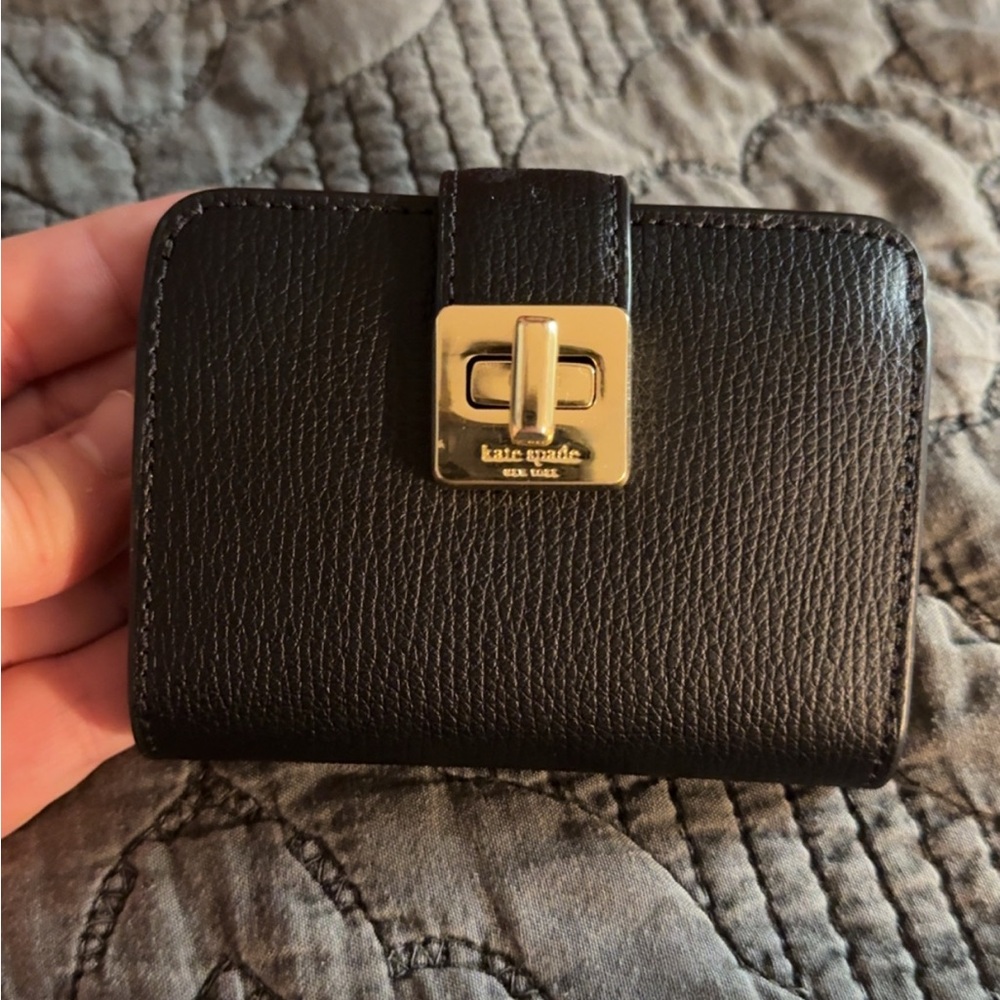 Kate Spade Black Leather Card Holder with Gold Clasp